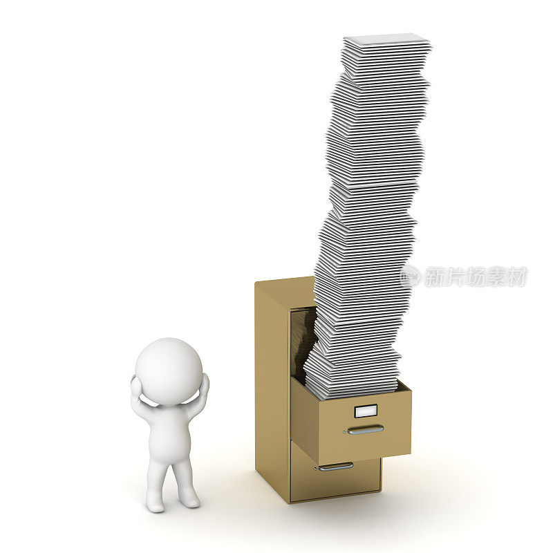 3D Character with Archive Cabinet and Many Papers